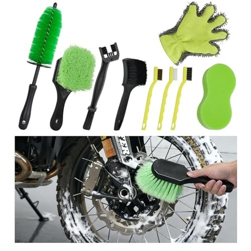 9 Pack Motorcycle Cleaning & Detailing Kit - Brushes, Sponge, Mitt, Tools for Bi