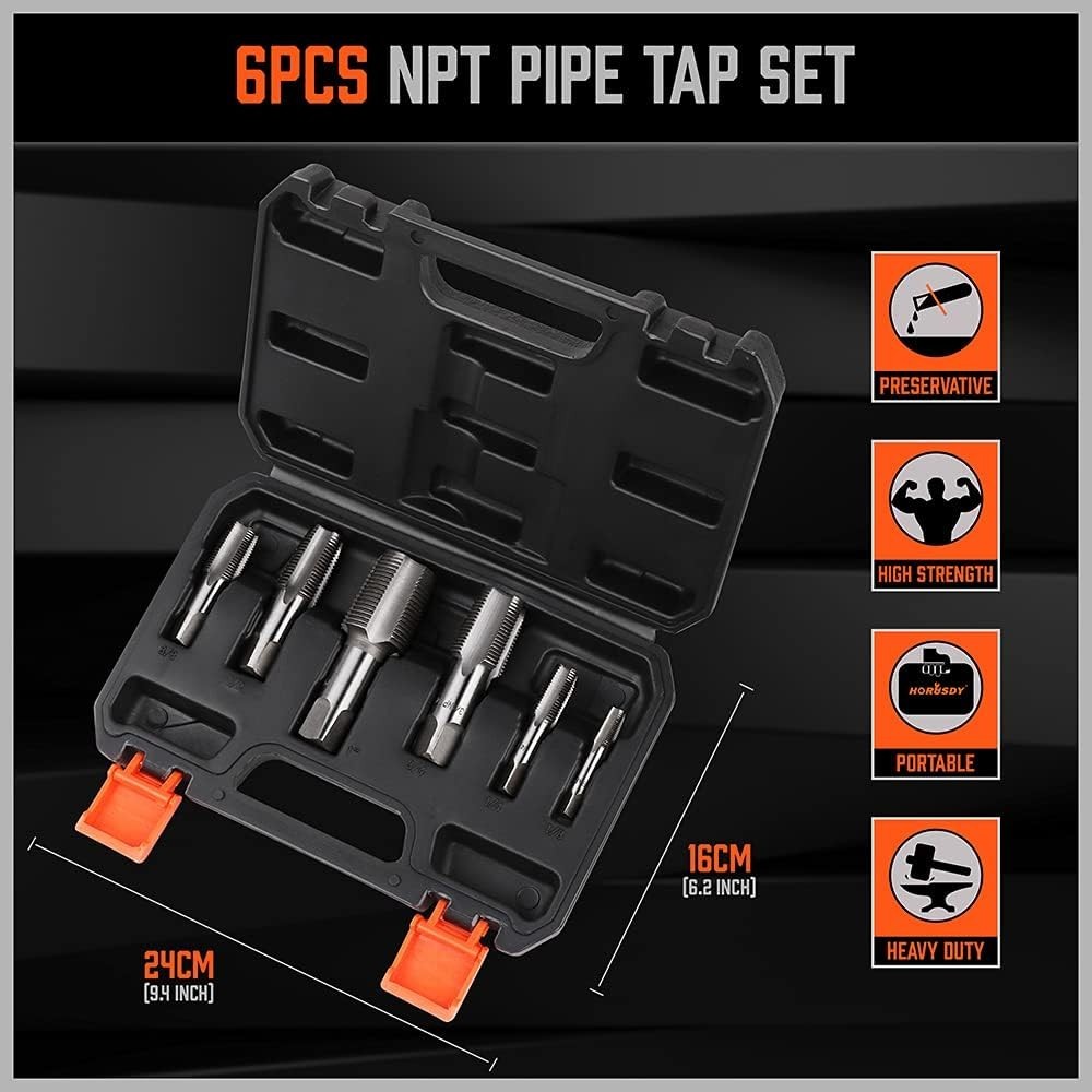6-Piece NPT Pipe Tap Set - Carbon Steel Threading Tools with Storage Case