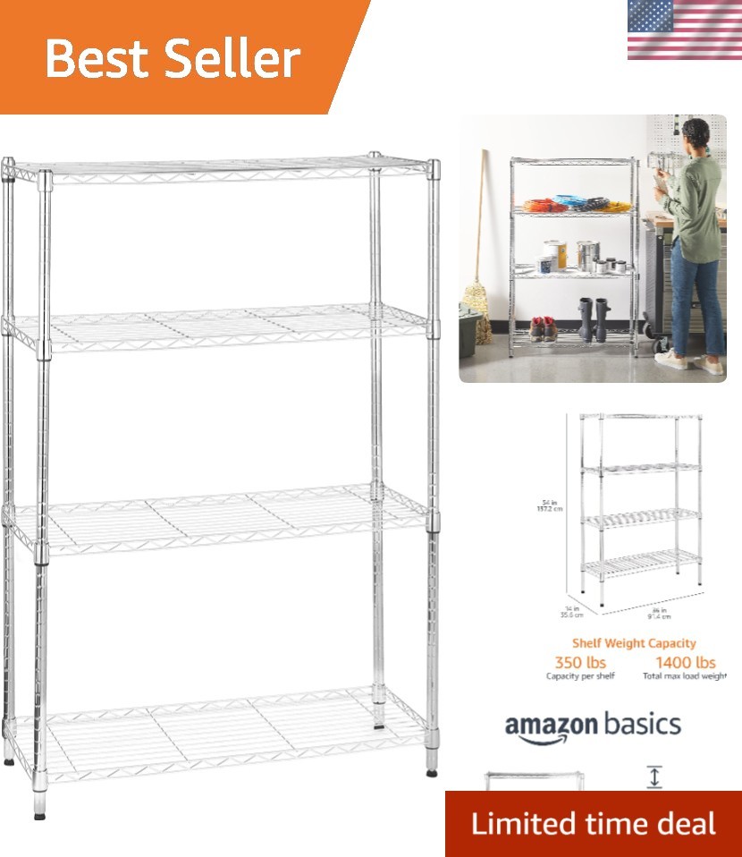 Adjustable 4-Shelf Wire Rack - Durable Chrome Storage Unit for Kitchen or Garage