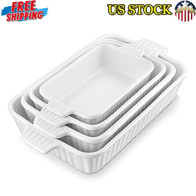 Rectangular Porcelain Casserole Dishes Set 4 Sizes Textured Design Easy Clean US