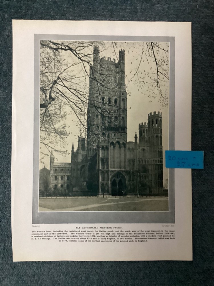Antique print , ELY CATHEDRAL, WESTERN FRONT & CHOIR ,LOOKING WEST