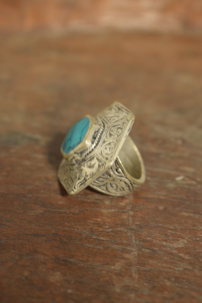 Ring Silver Turquoise Etched Octagon Etched Silver Turquoise Ring