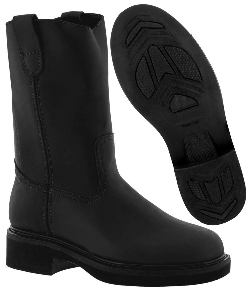 Mens Black Real Leather Work Boots Lightweight Pull On Round Soft Toe Botas