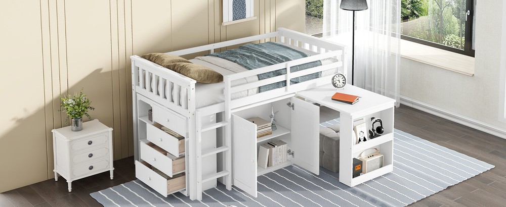 Twin Loft Bed With Storage Cabinet/Drawer/Shelf Cabinet/Pulling-Out Desk White