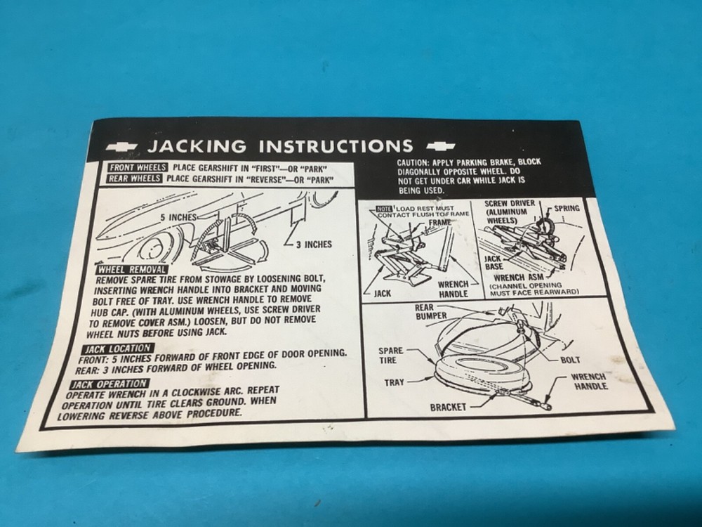NOS 1967 CHEVY C2 CORVETTE Jacking Instructions STICKER DECAL 100% OEM 67’ ONLY