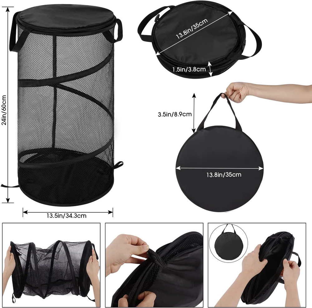 Large Collapsible Laundry Basket with Lid Foldable Mesh Pop Up Hamper with Handl
