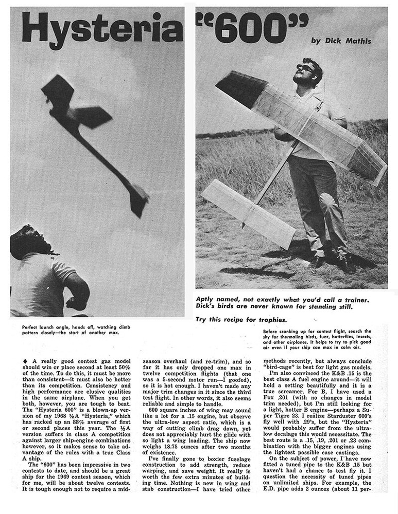 Model Airplane Plans (FF): HYSTERIA 600 63" for .15 Engine by DIck Mathis