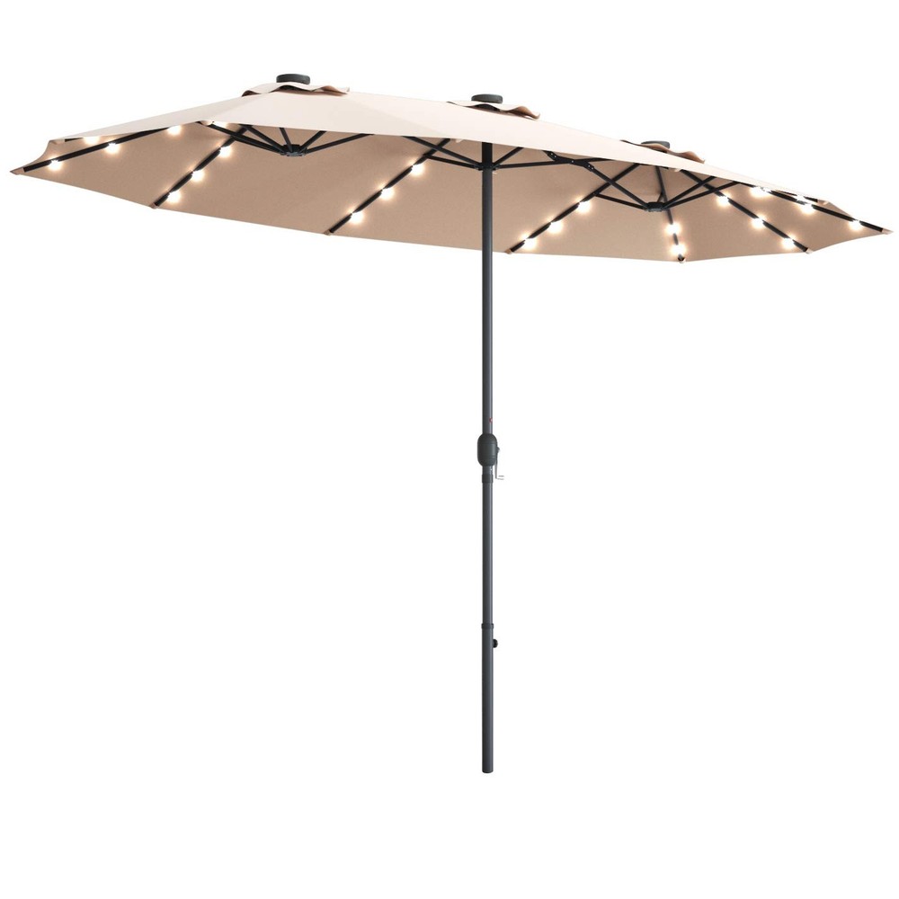 15 Ft Double Sided Patio Umbrella with Solar Lights, Extra Large Rectangle Ou...