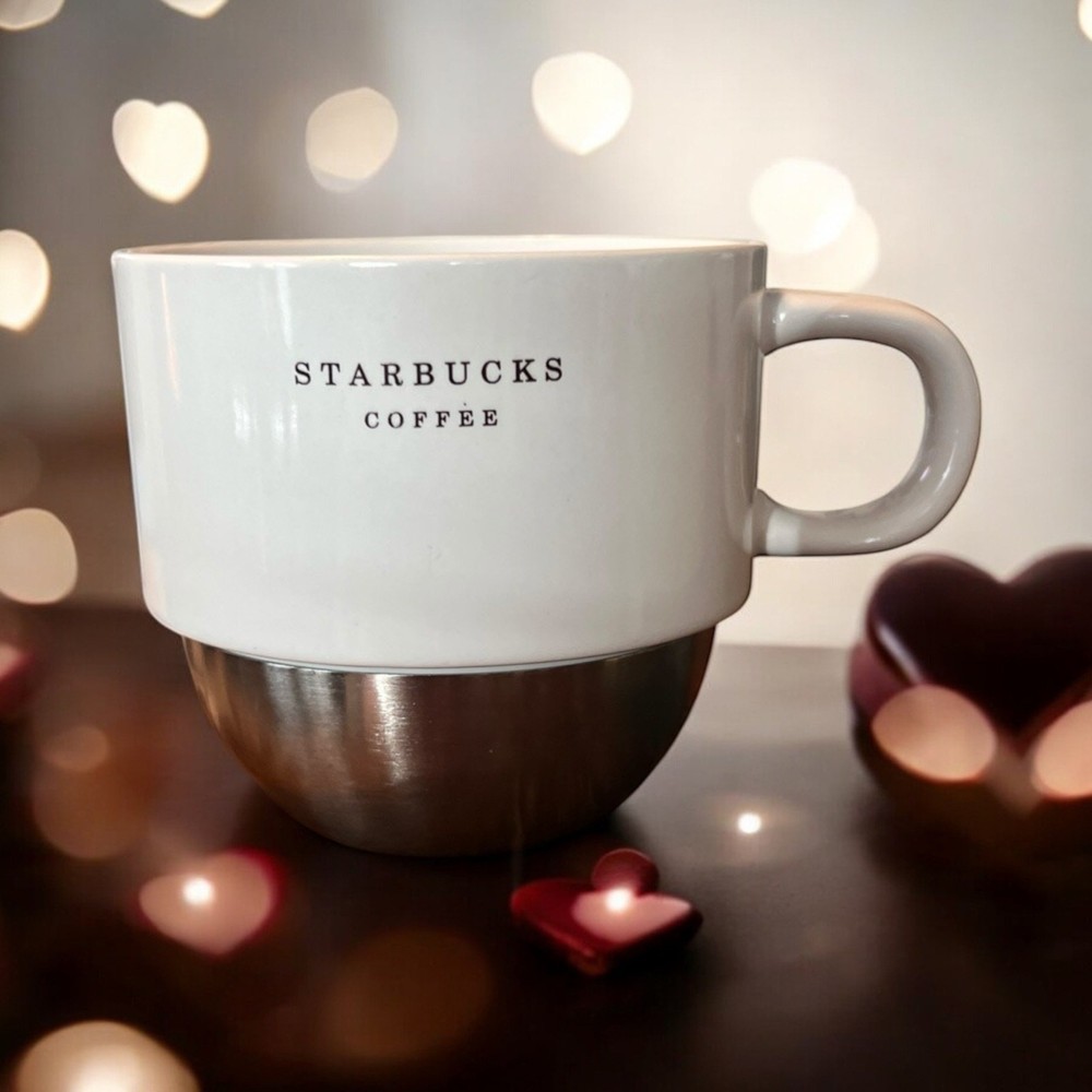 Starbucks 2007 White Ceramic 8oz Coffee Mug with Metal Base Bottom