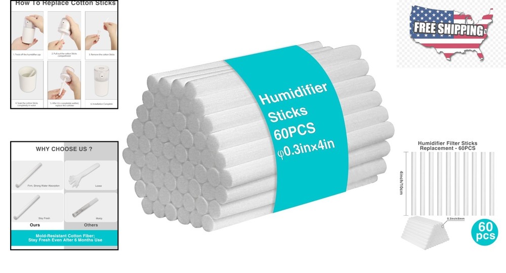 60PCS Cotton Humidifier Filter Sticks - Rapid Absorption for Mini Diffusers