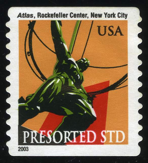 US #3770a (10¢) Atlas Statue, fully tagged error, VF Used