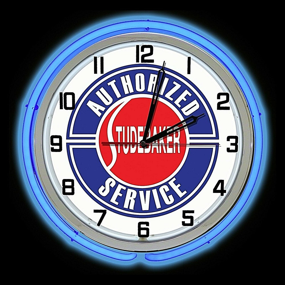 19" Studebaker Service Blue Double Neon Clock Chrome Man Cave Garage