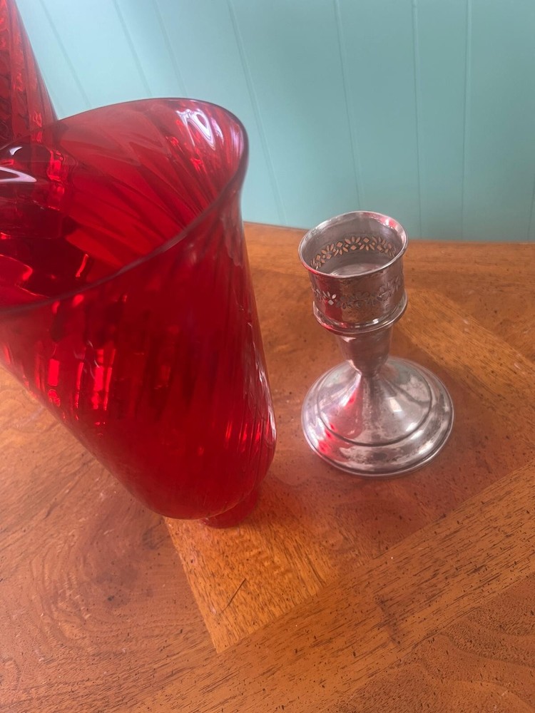 Vintage Pair Sterling Silver Ruby Red Glass Hurricane Candle Holders