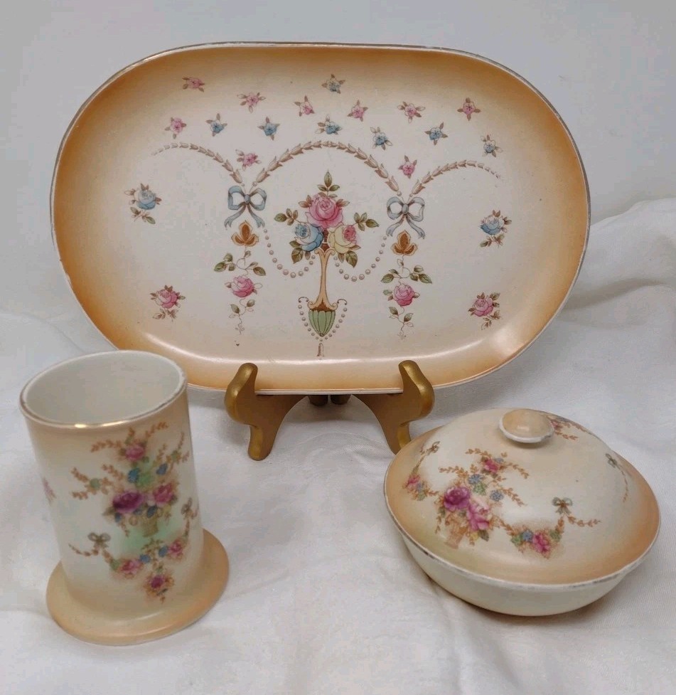 Devonware England Vanity Set Crown Tray Dish Cup Bone China Floral