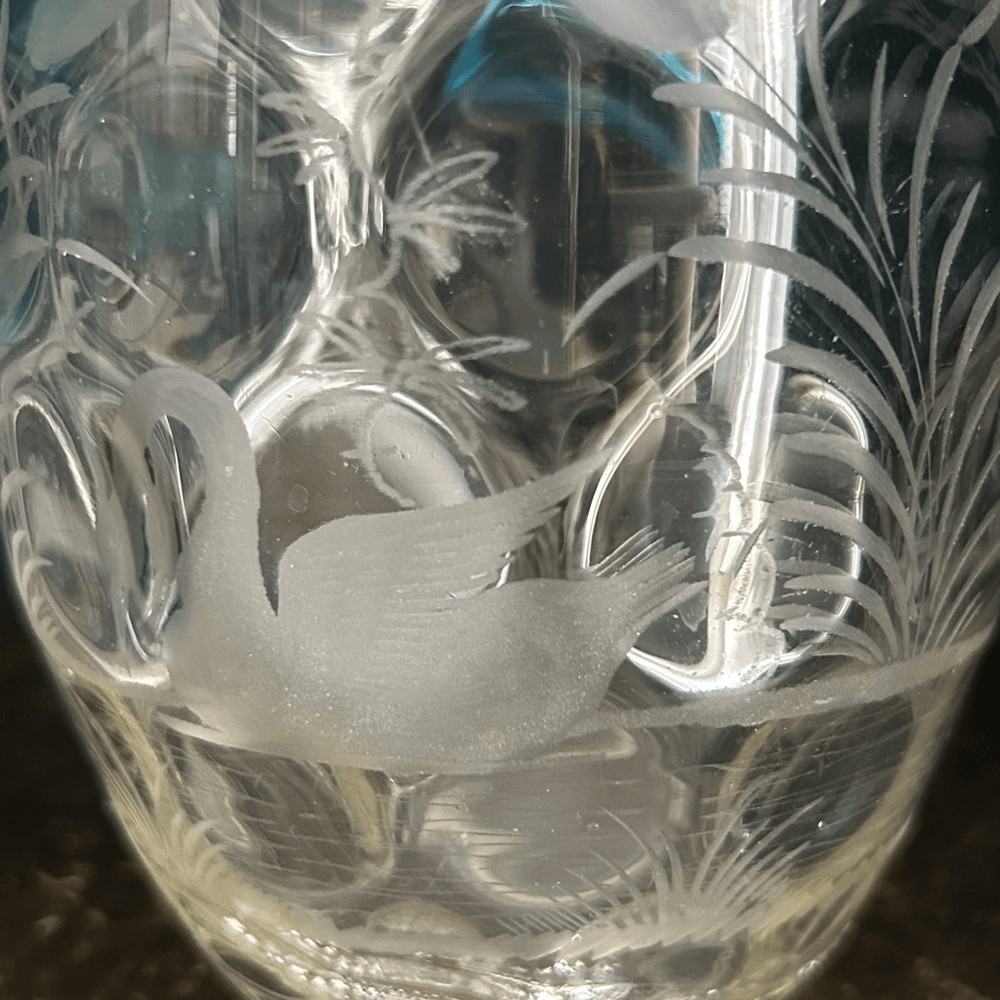 Broken Blue Uranium Glass Etched Swan Pitcher