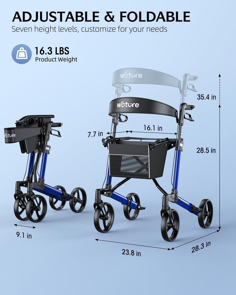 Foldable Rollator Walker with Seat & Backrest 16 lb Lightweight 8" Wheels