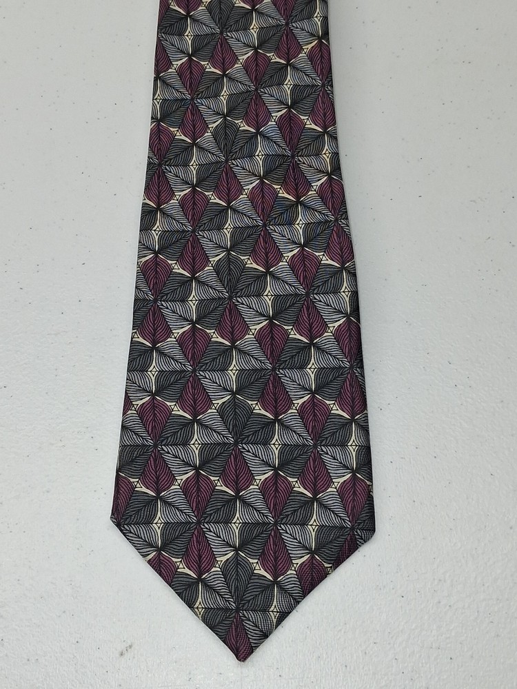 Barbara Blank New York Silk Tie - Plum & Grey Geometric Leaf Pattern - Handmade