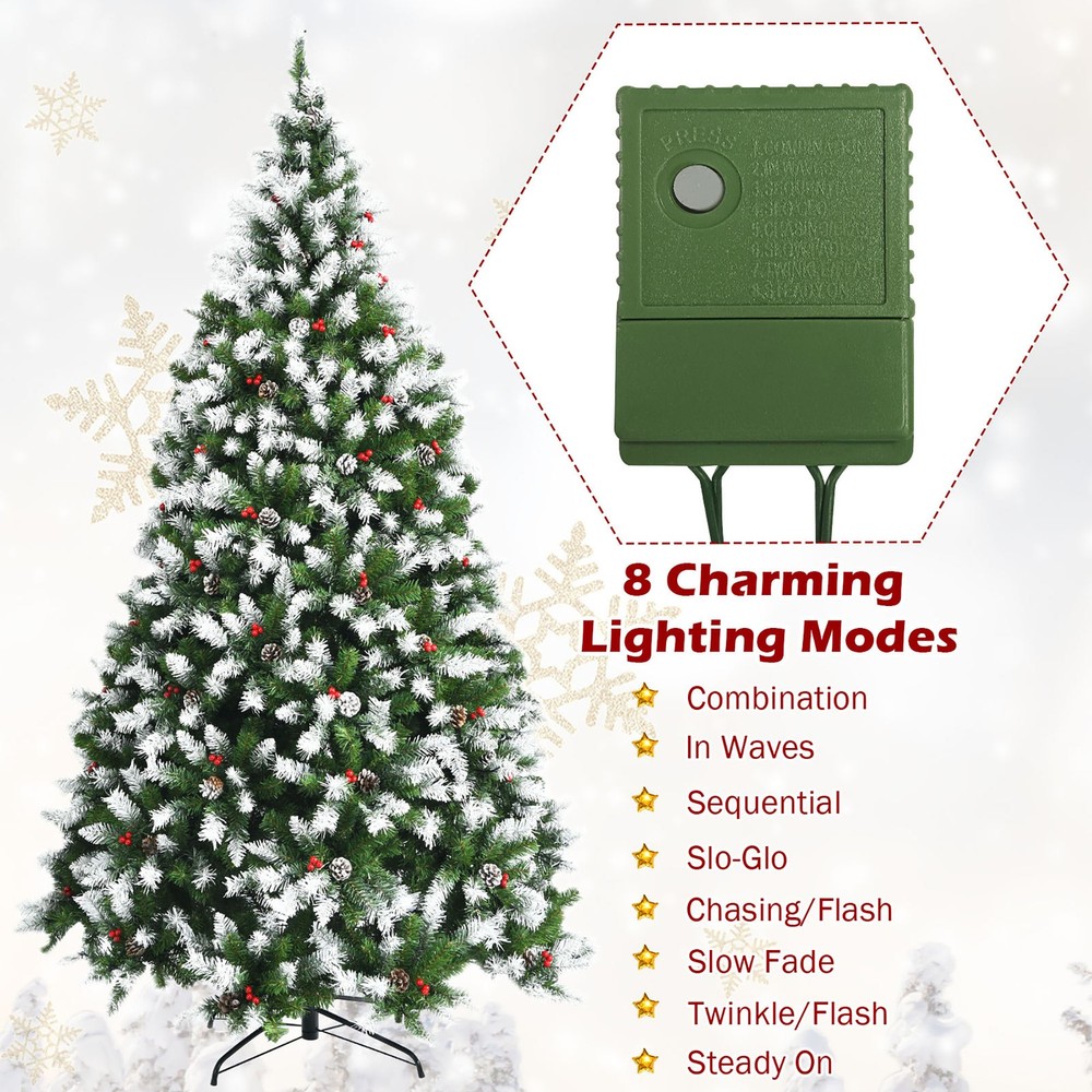 7.5 FT Pre-lit Snow Sprayed Christmas Tree Artificial Xmas Tree w/ LED Lights