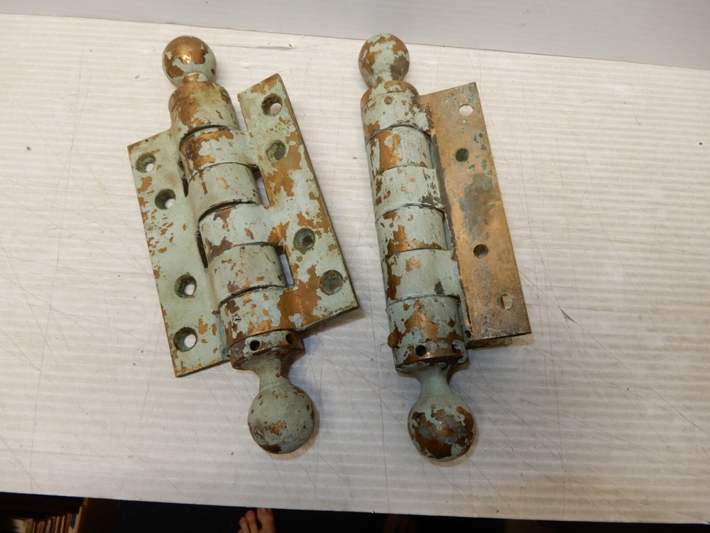 ANTIQUE PAIR LARGE SOLID BRASS SPRING HINGES OLD BLUE PAINT
