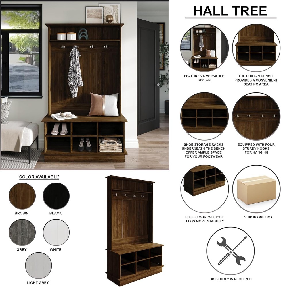 Entryway Hall Tree W/ Bench & 6 Storage Cubbies White