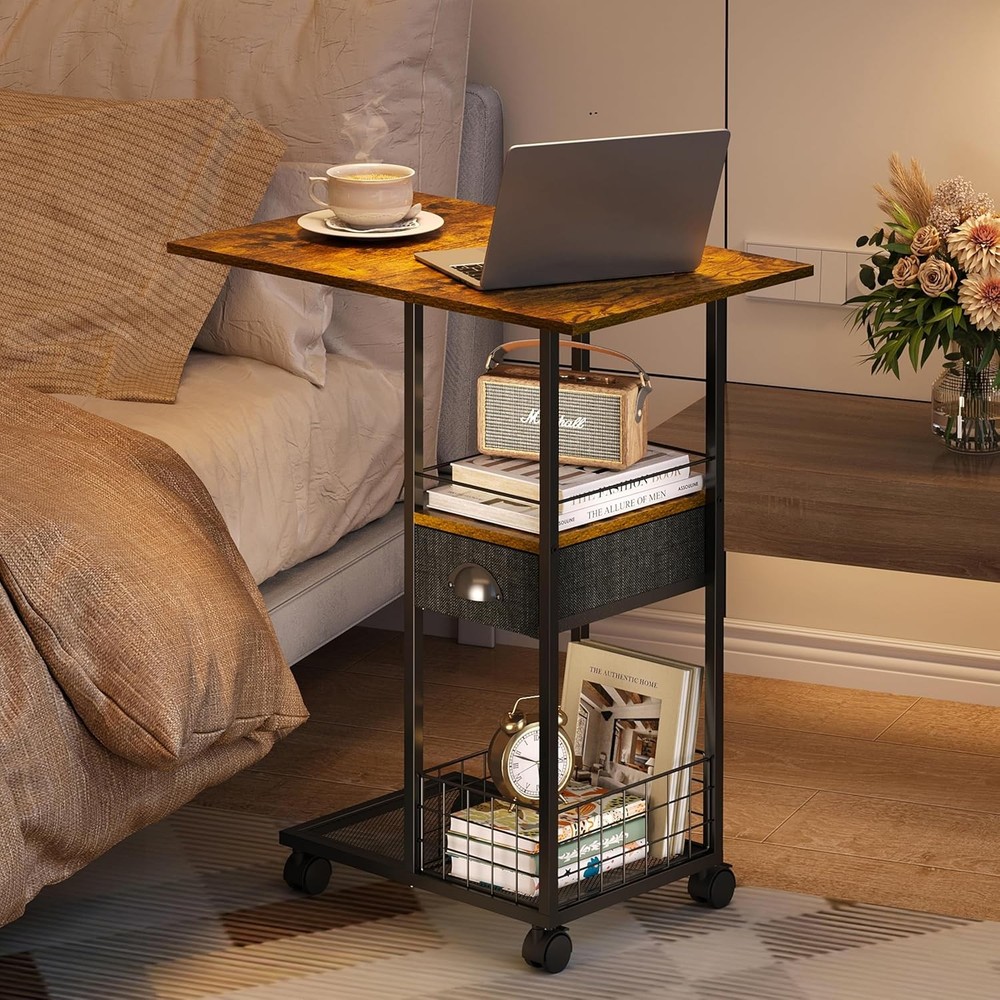 Rolling C-Shaped Side Table with Wheels and Oversized Wood Top, Mobile Overbed