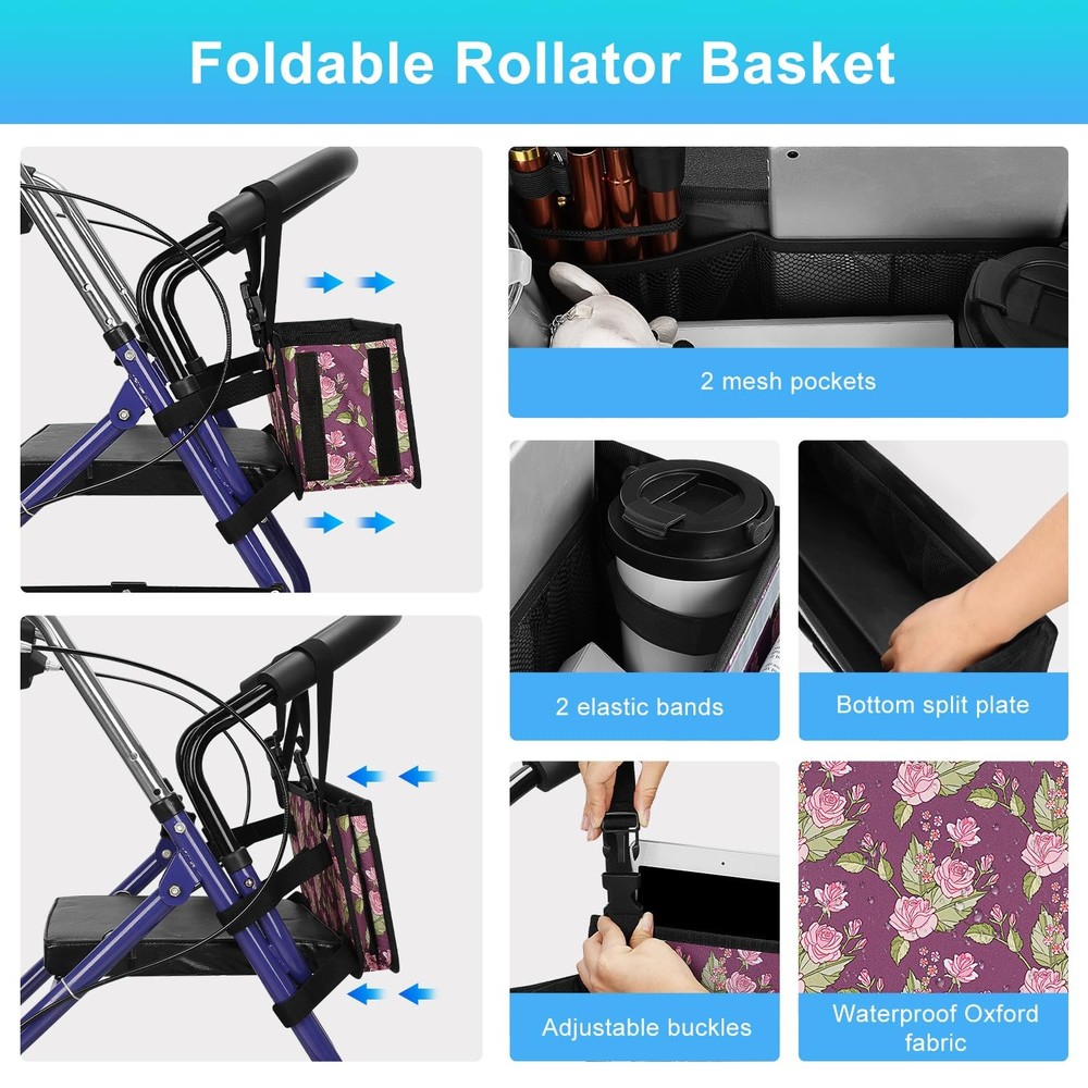 Rollator Basket, Rollator Walker Bag w/Cup Holder, Foldable Rolling Walker Wa...