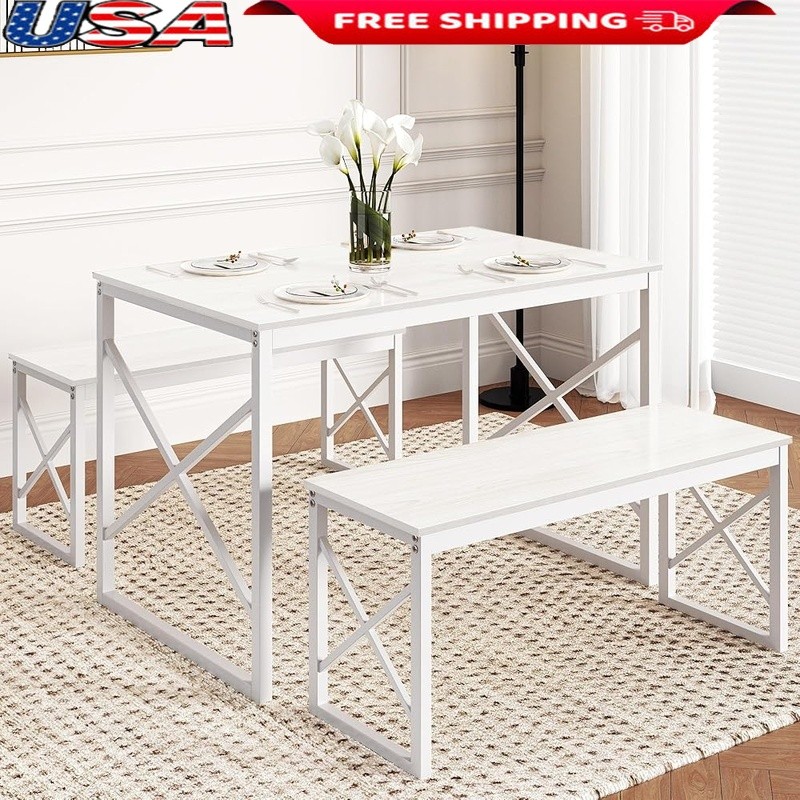 Space Saving Dining Table Set W/ 2 Benches Sturdy Waterproof Easy Assembly New