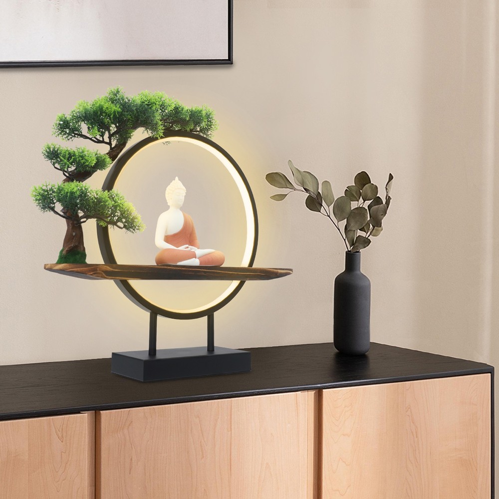 Buddha Statue Circle Lamp Tabletop LED Lighting Light with Green Artificial Tree
