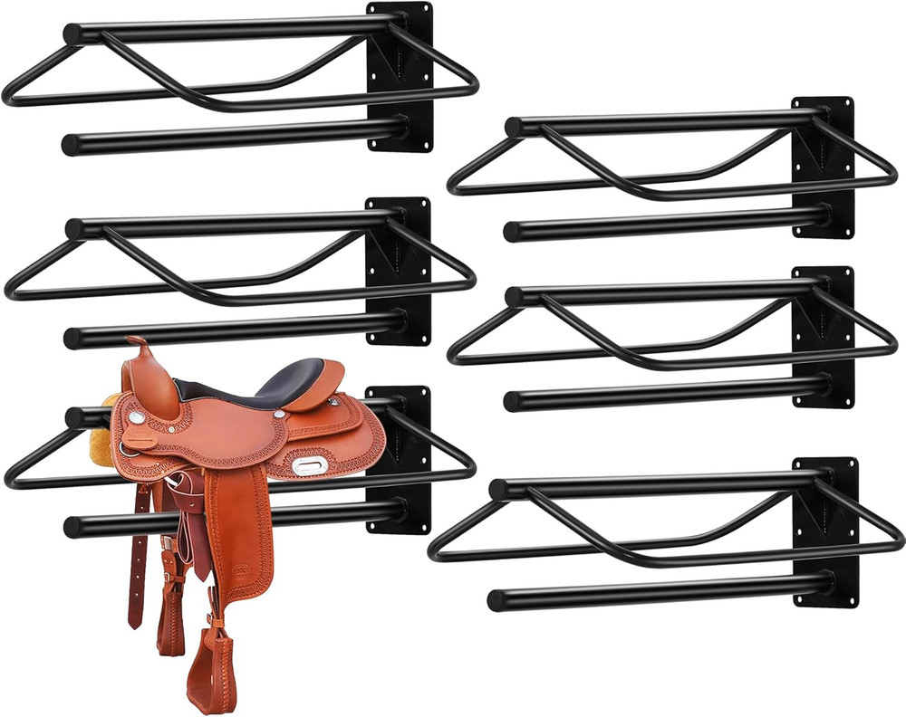 6 Pack Heavy Duty Wall Mounted Saddle Rack with Pad Bar, Steel Saddle Stand & Bl