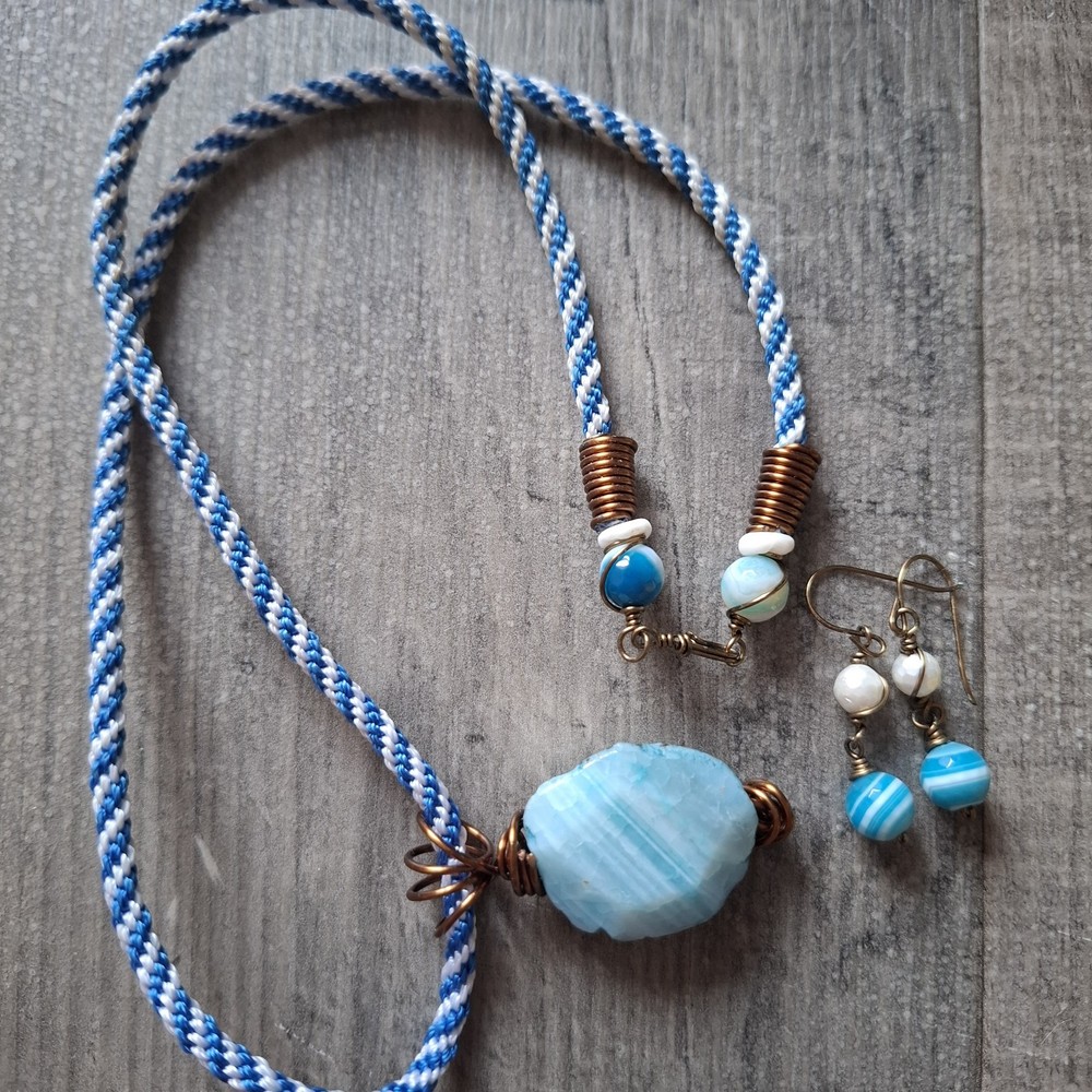 Statement Wire Wrapped Boho Blue Stone Style Necklace And Earrings Set Boho