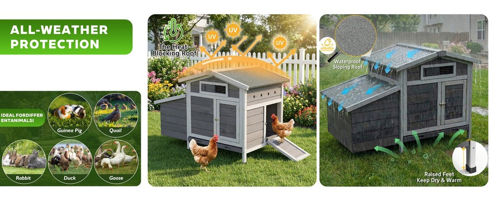 Wooden Chicken Coop with Nesting Box, Pull-Out Tray, Waterproof Roof