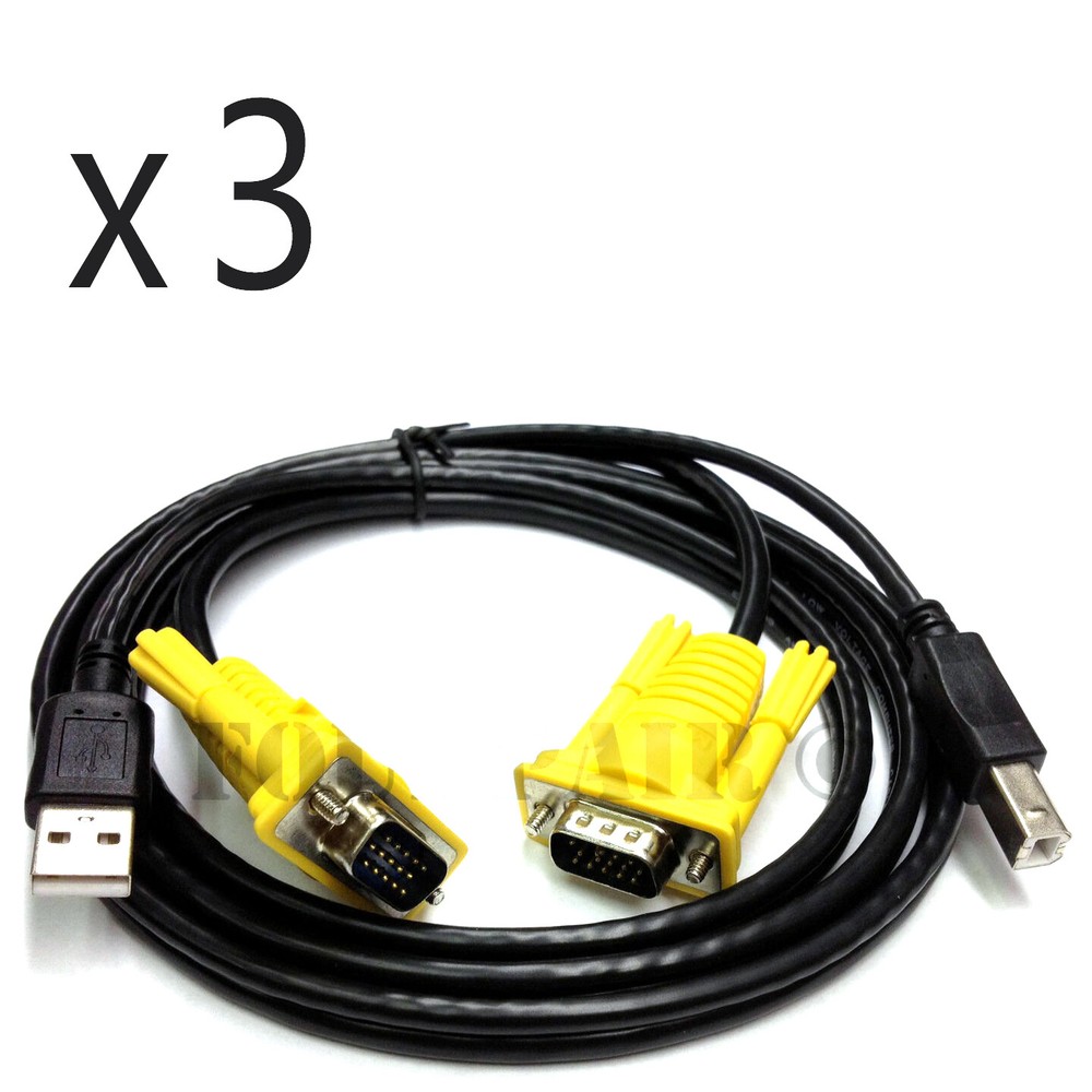 3 Pack - 5ft KVM Switch Cable - USB VGA Wire Cord 3-in-1 Keyboard Video Mouse PC