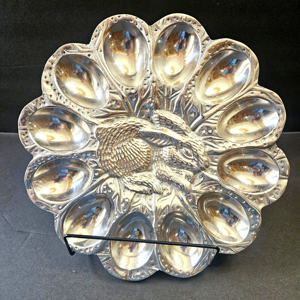 Beautiful Easter Bunny Rabbit 12 Egg Polished Aluminum Serving Platter, India.