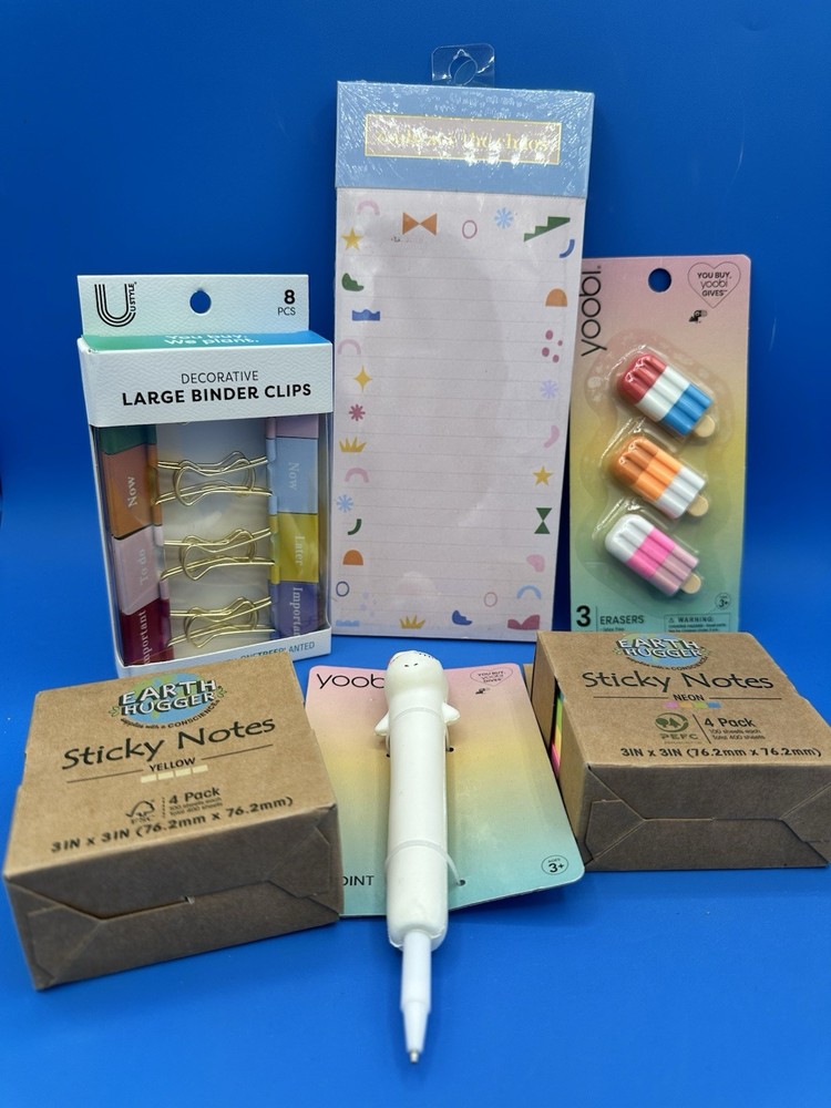 Teacher Appreciation 6 Piece Gift Set Sticky Notes, Note Pad, Binder Clips+