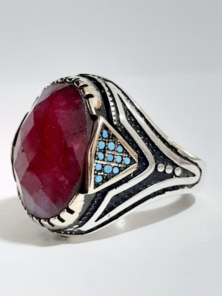 Mens 925 Ruby Turquoise Solitaire Silver Ring Man Sterling $
