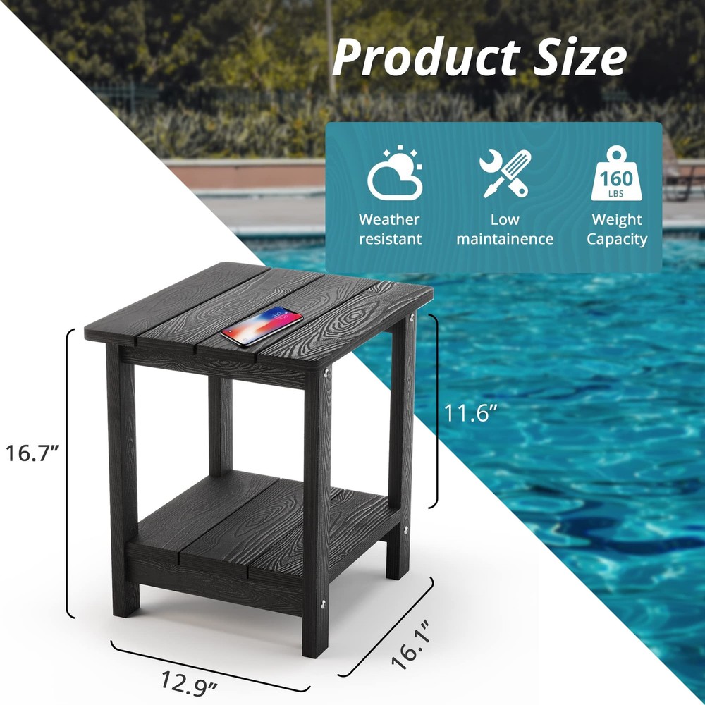 LUE BONA Adirondack Outdoor Side Table, 2-Tier Black HDPS Rectangular,
