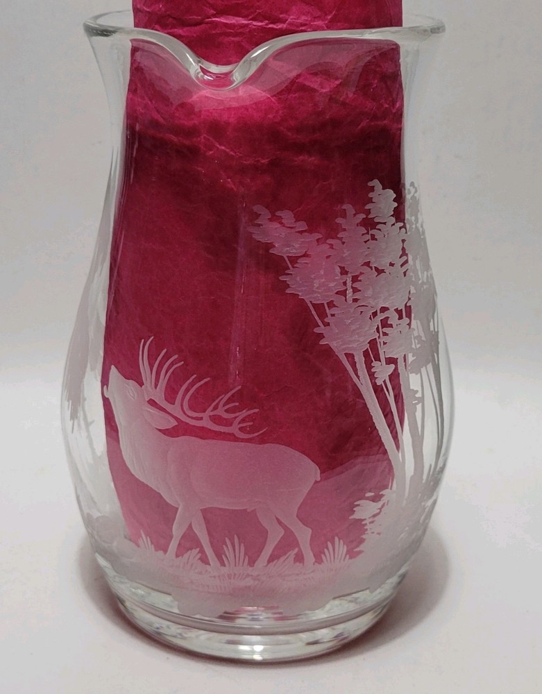 Etched Elk In Forest Crystal Pitcher