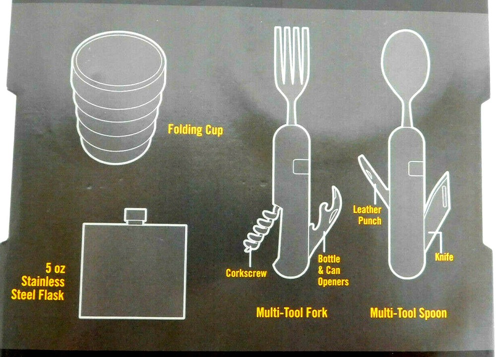 Camillus 4 PIECE CAMP SET (Spoon, Fork / Tool, Flask & Cup) 2 Pc KNIFE COMBO SET