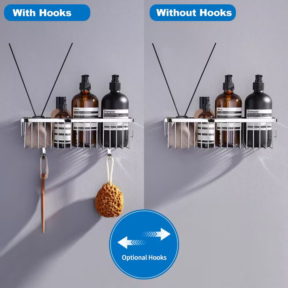 2 Pack Wall Mounted Rectangle Shower Caddy Shower Basket with 2 Detachable Hooks
