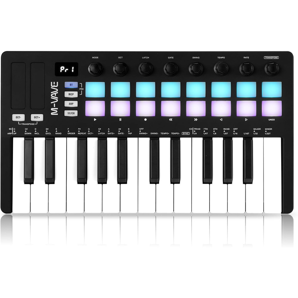 M-WAVE MIDI Keyboard Controller - USB Bluetooth - 25 Key, 16 Pads, Knobs