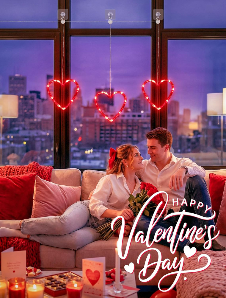 Valentine'S Day Decorations 30LED Red Heart Curtain String Lights Gift 3 Pack