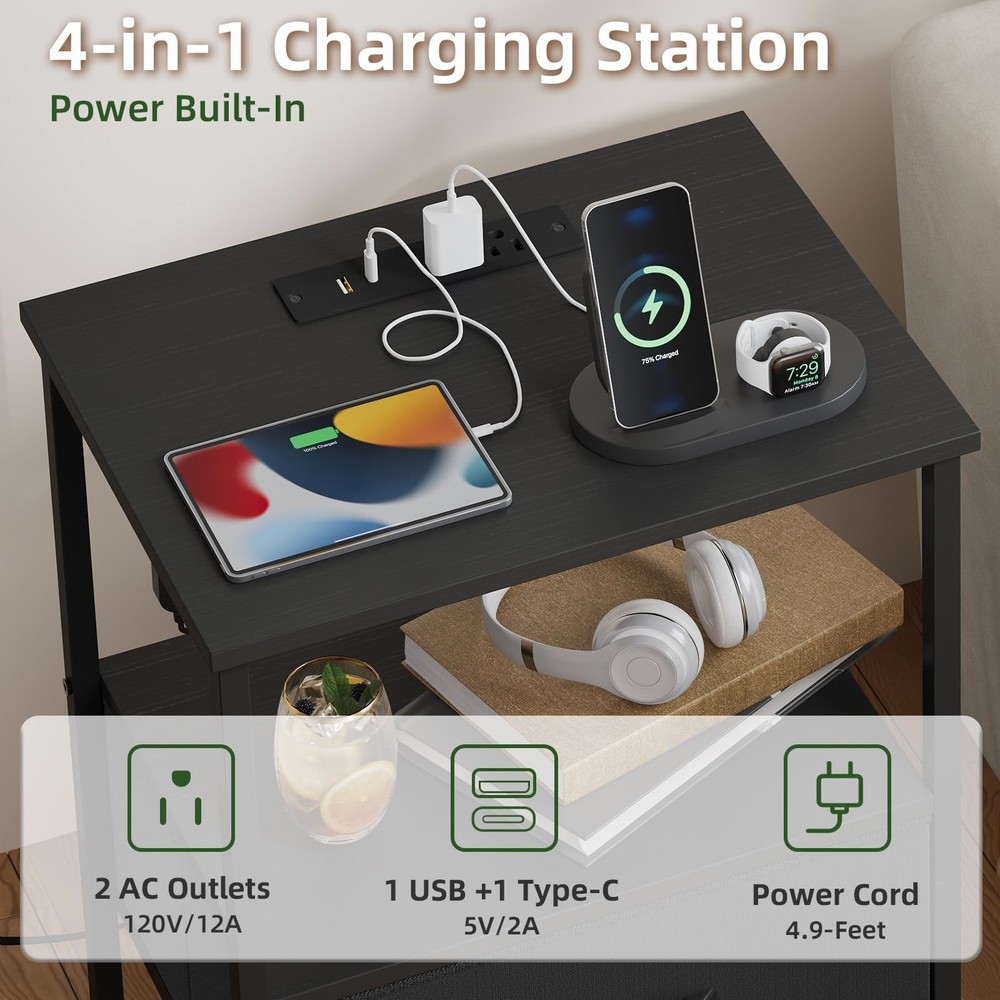 Somdot Nightstand w/Charging Station & LED; Bedside Table