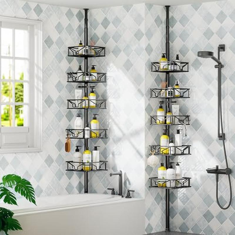 5 Tier Adjustable Corner Shower Caddy Organizer W/ Hooks Rustproof Tension Pole
