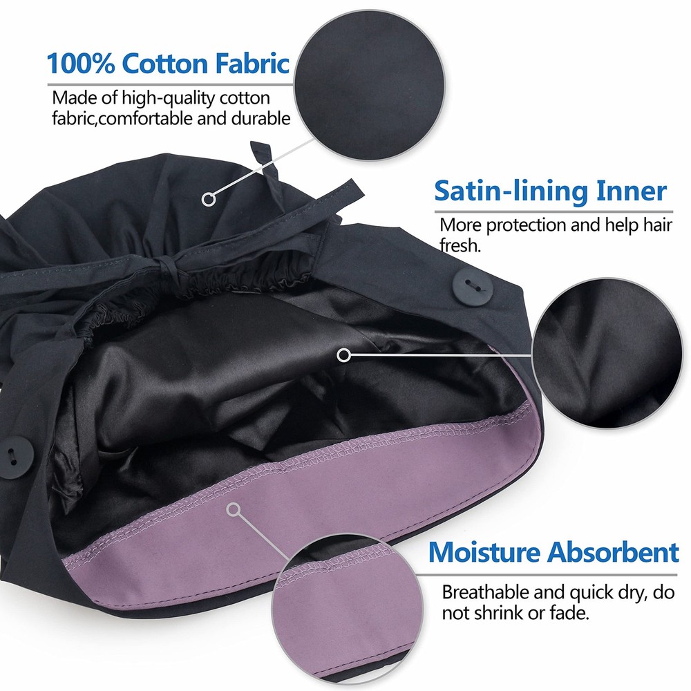 Satin Lined Cotton Scrub Cap Ponytail Pocket Working Hat Sweatband Elastic