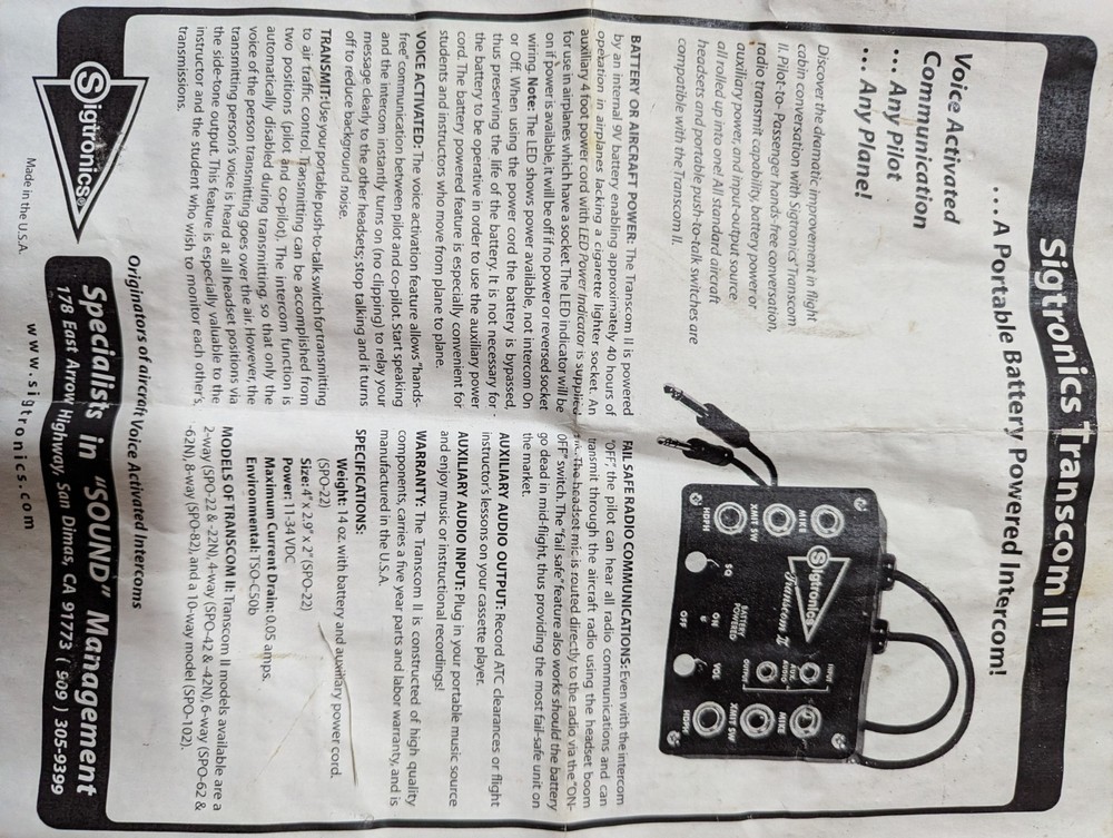 Sigtronics Transcom II portable aviation intercom SPO-42