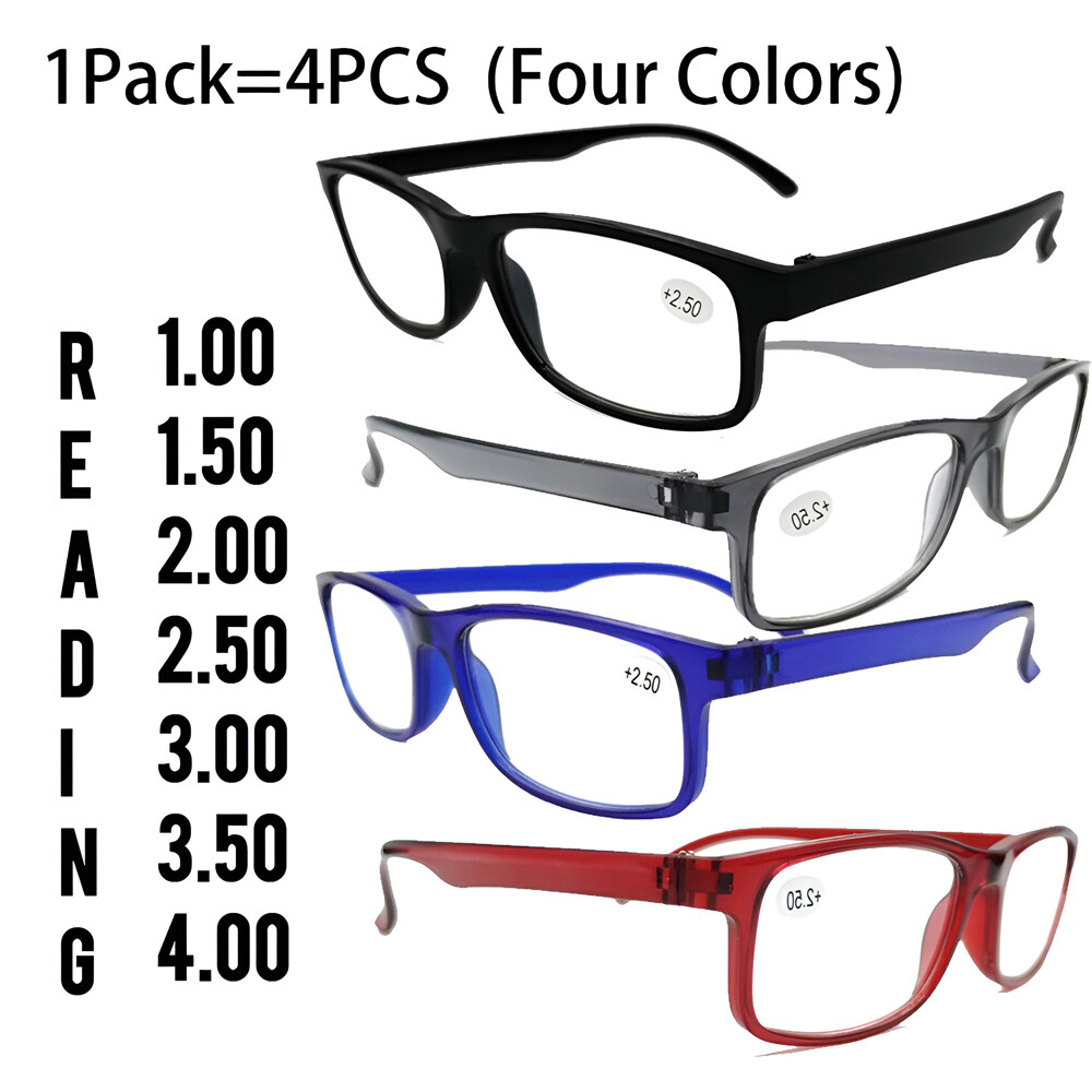 4 Pair Rectangular Spring Hinge Power Reading Reader Glasses For Men Women