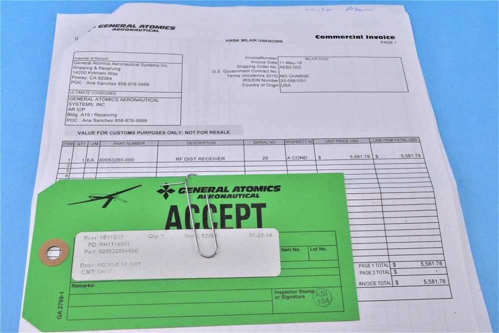 General Atomics RF Microwave Distribution Receiver Aircraft Avionics