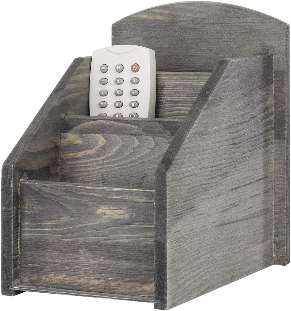 Rustic Dark Gray Solid Wood 3-Slot Remote Control Media Storage Organizer Caddy