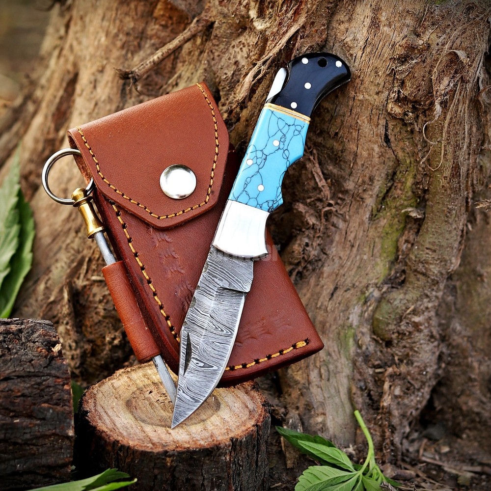 Handmade Damascus Folding Knife, Turquoise Stone Handle Leather Sheath Sharpner.