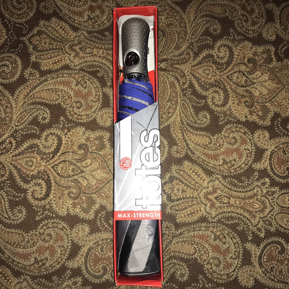Totes Blue/Gray Automatic Umbrella NWT